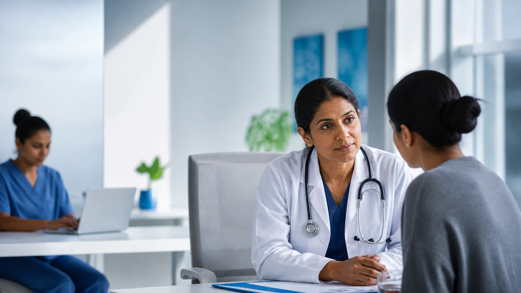 A clinician in a focused consultation with a patient