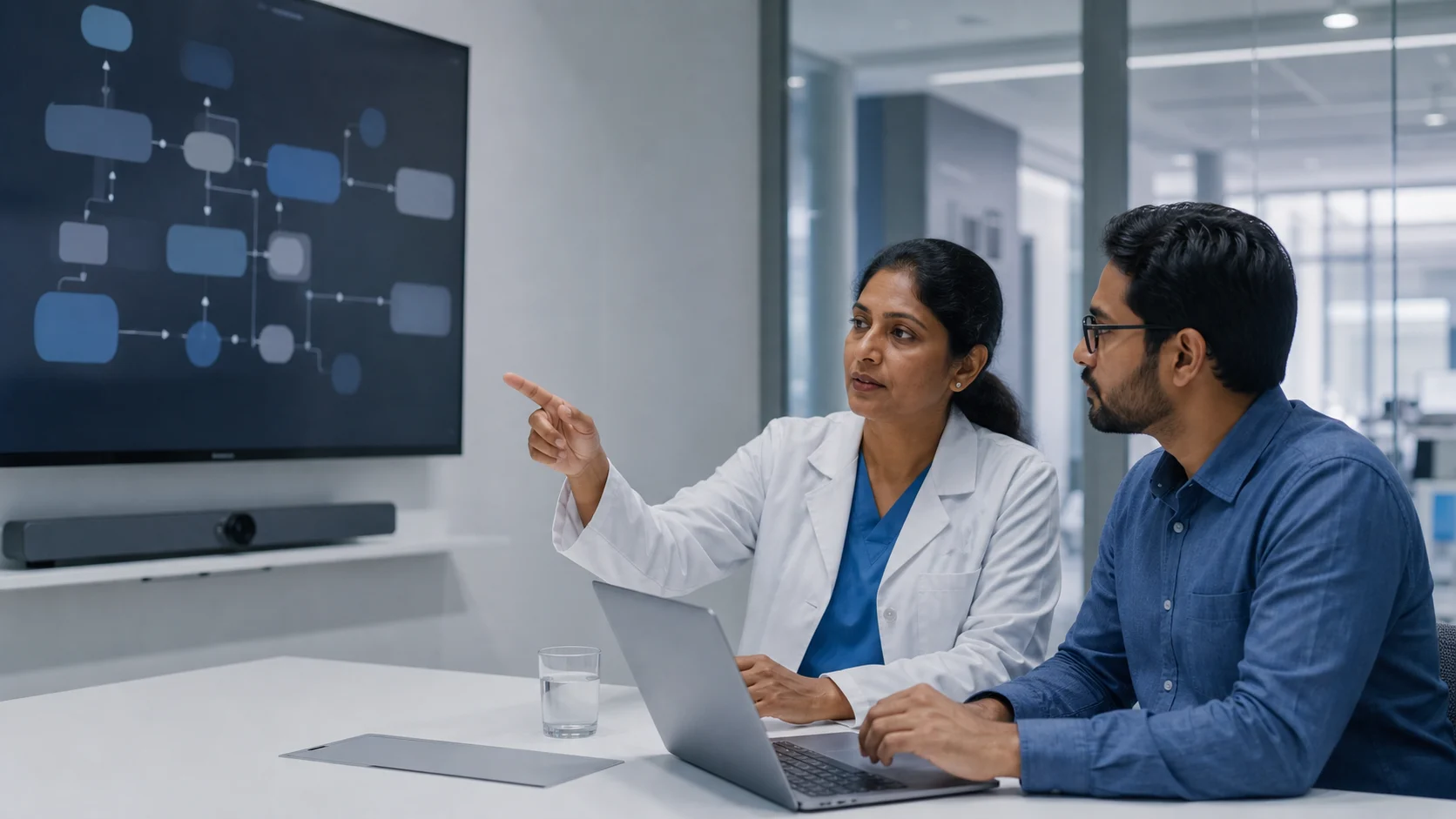 A clinician and an engineer reviewing an agent’s permitted actions together