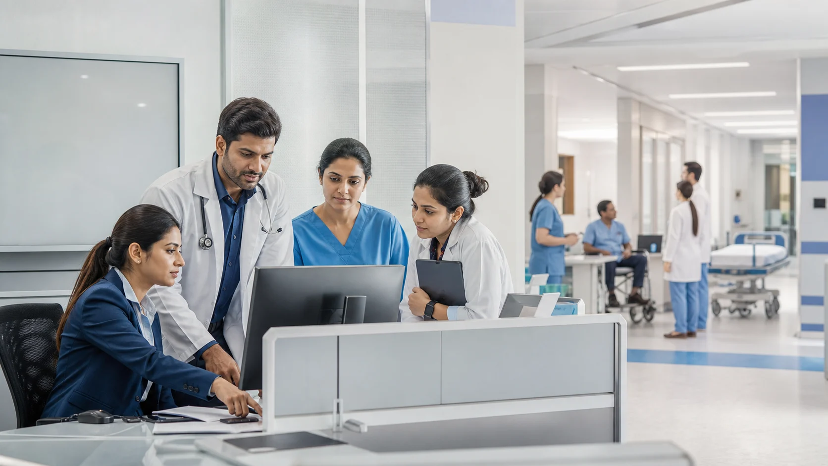 A hospital team coordinating patients at the front desk